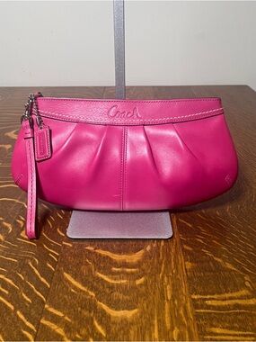 Coach Pleated Hot Pink Leather Large Wristlet Clutch